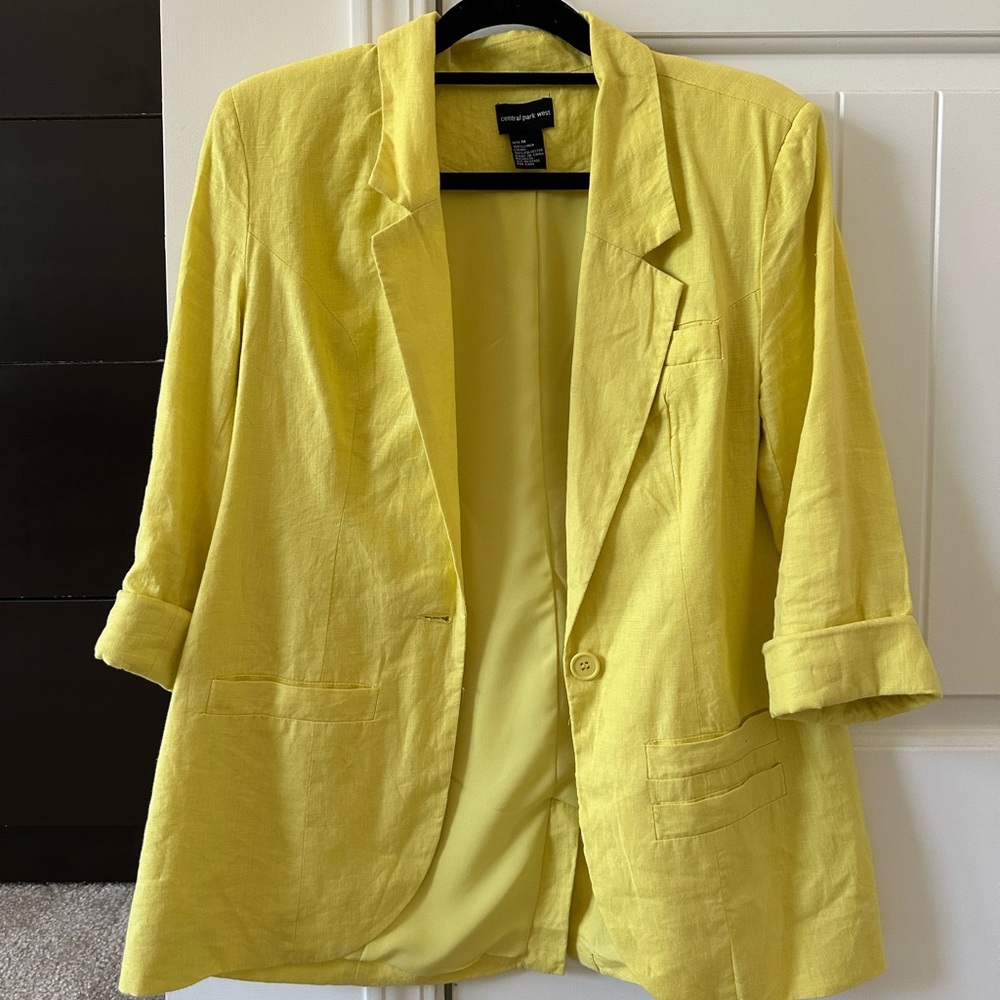 Central Park West Yellow Blazer with Notched Lapels and Relaxed Fit